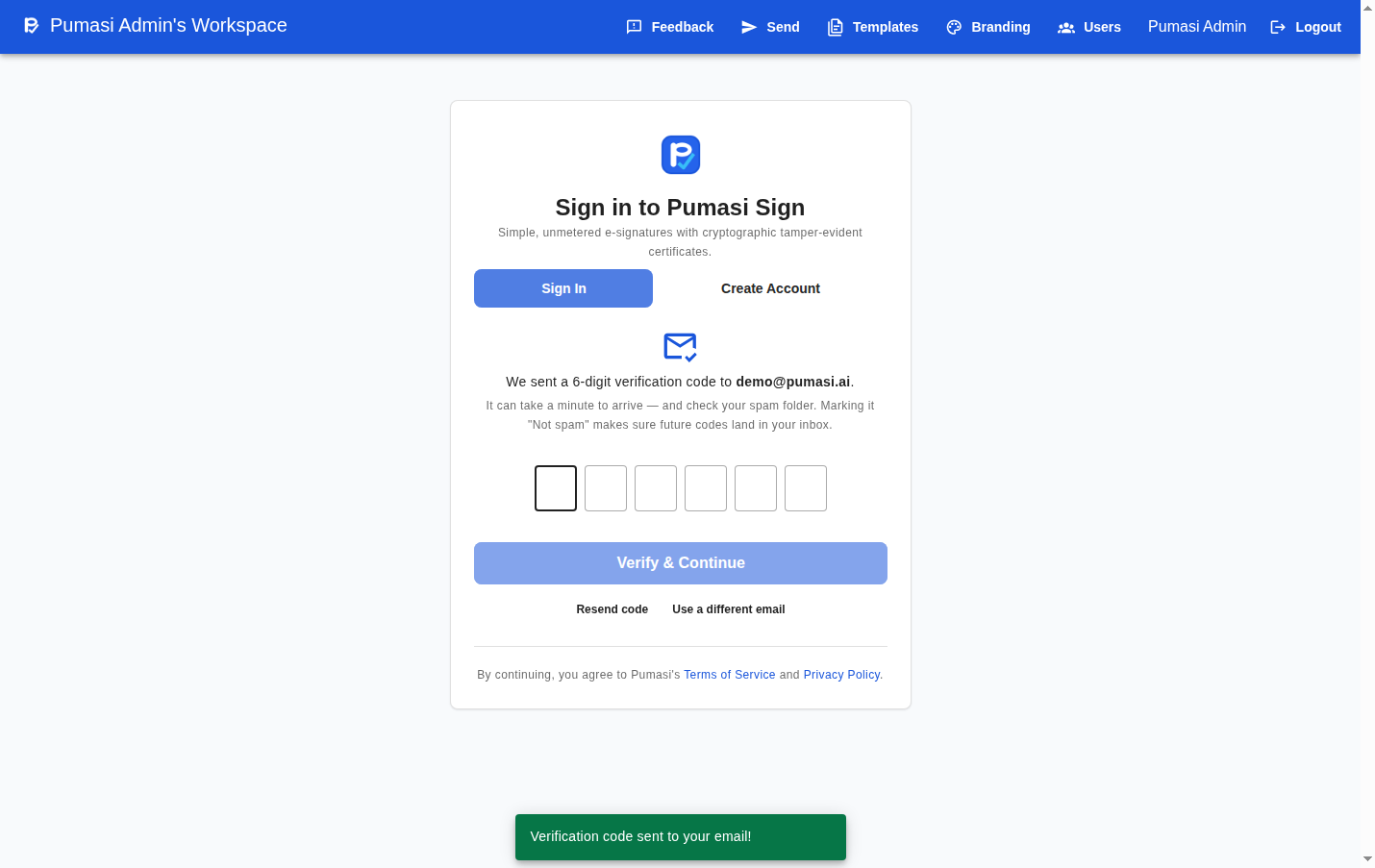 Pumasi Sign Verification Code